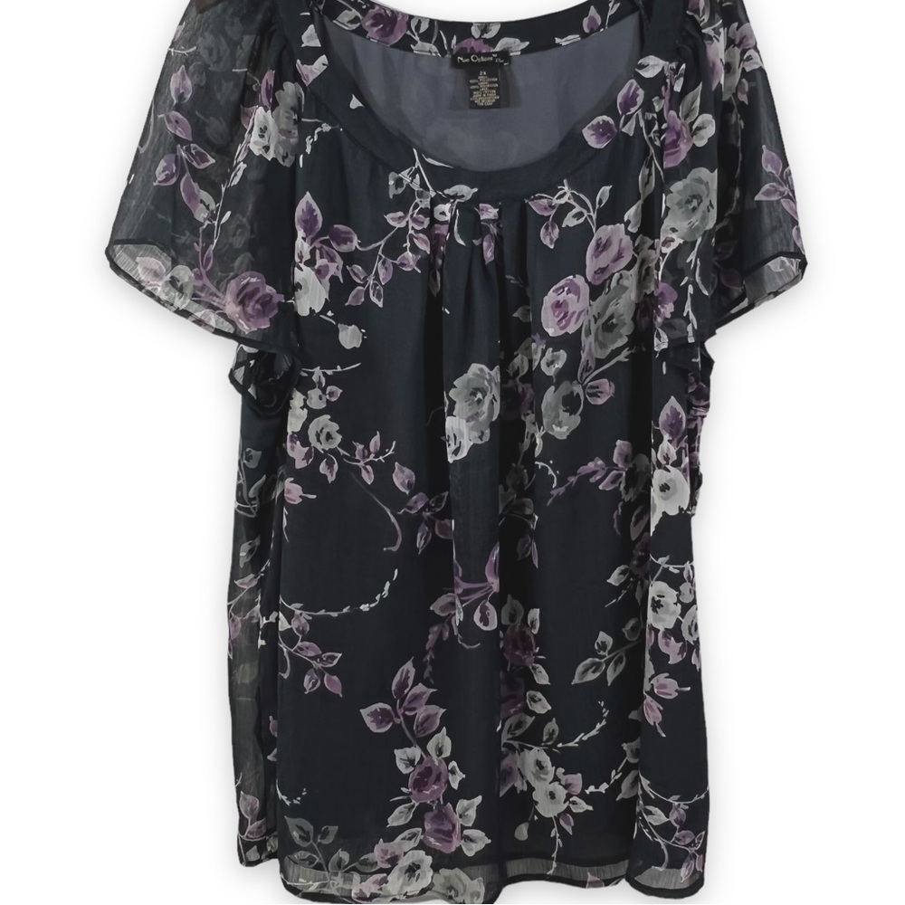 NUE Options Floral Sheer Blouse 2X with Embroidered Back